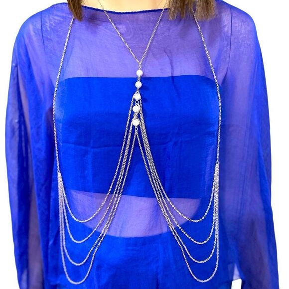 Silver Multi Layer Chains Pearls Chest Chain Body Harness NEW - Picture 4 of 4